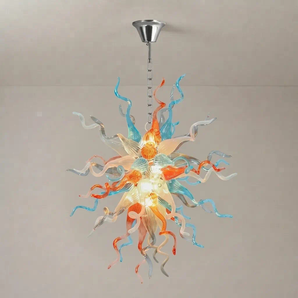 Hand-Blown Glass Chandelier in Orange, Blue & White Chihuly-Style Sculptural Pendant Light