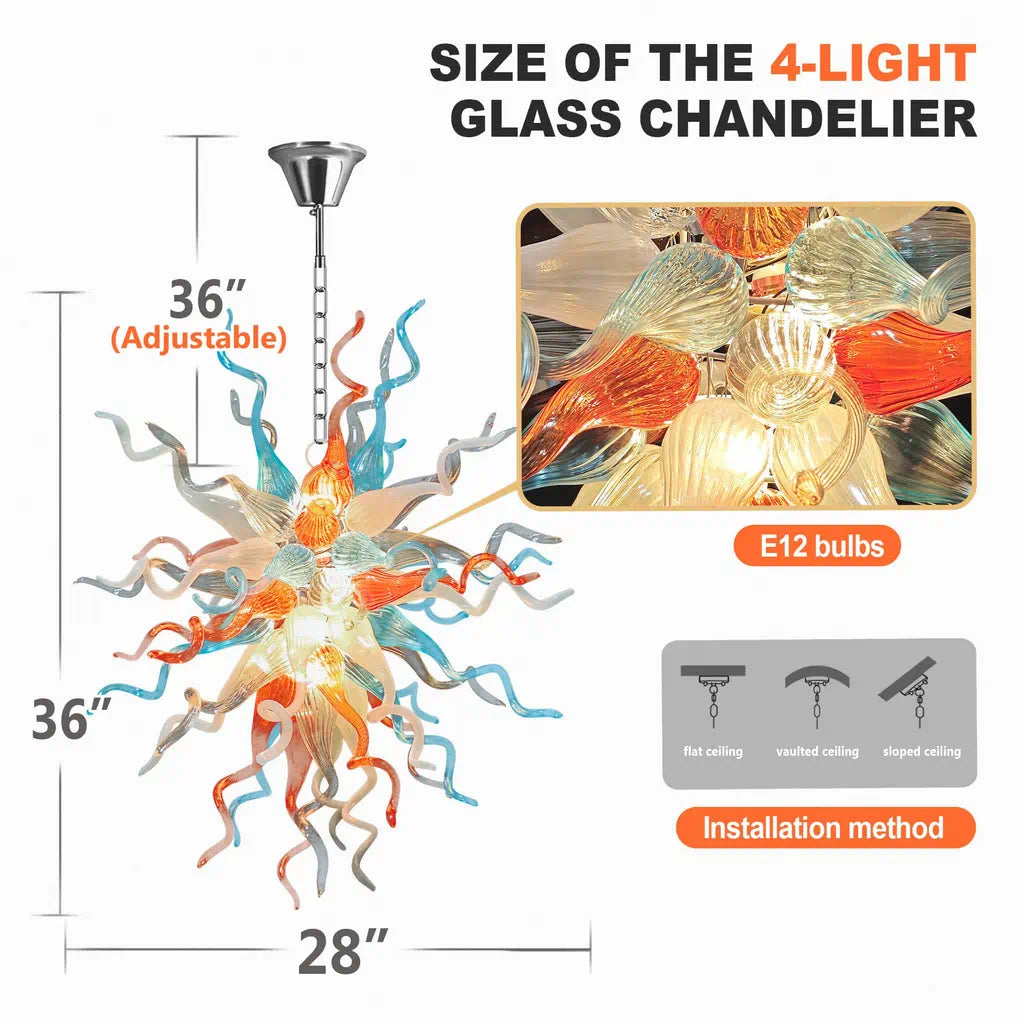 Hand-Blown Glass Chandelier in Orange, Blue & White Chihuly-Style Sculptural Pendant Light