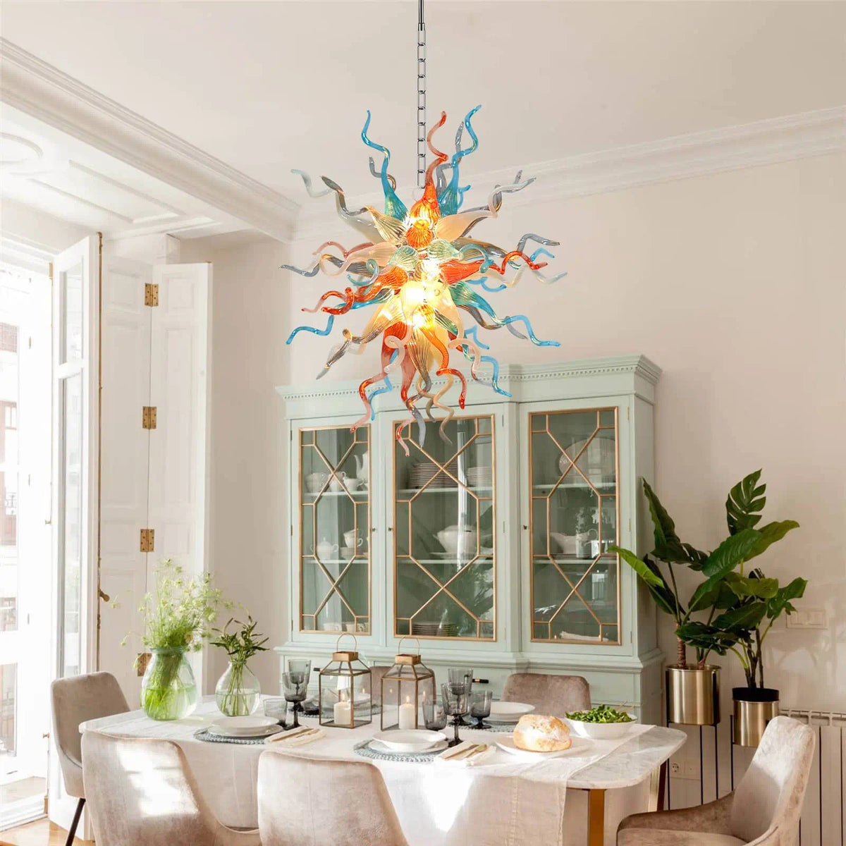 Hand-Blown Glass Chandelier in Orange, Blue & White Chihuly-Style Sculptural Pendant Light