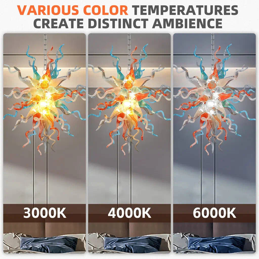 Hand-Blown Glass Chandelier in Orange, Blue & White Chihuly-Style Sculptural Pendant Light