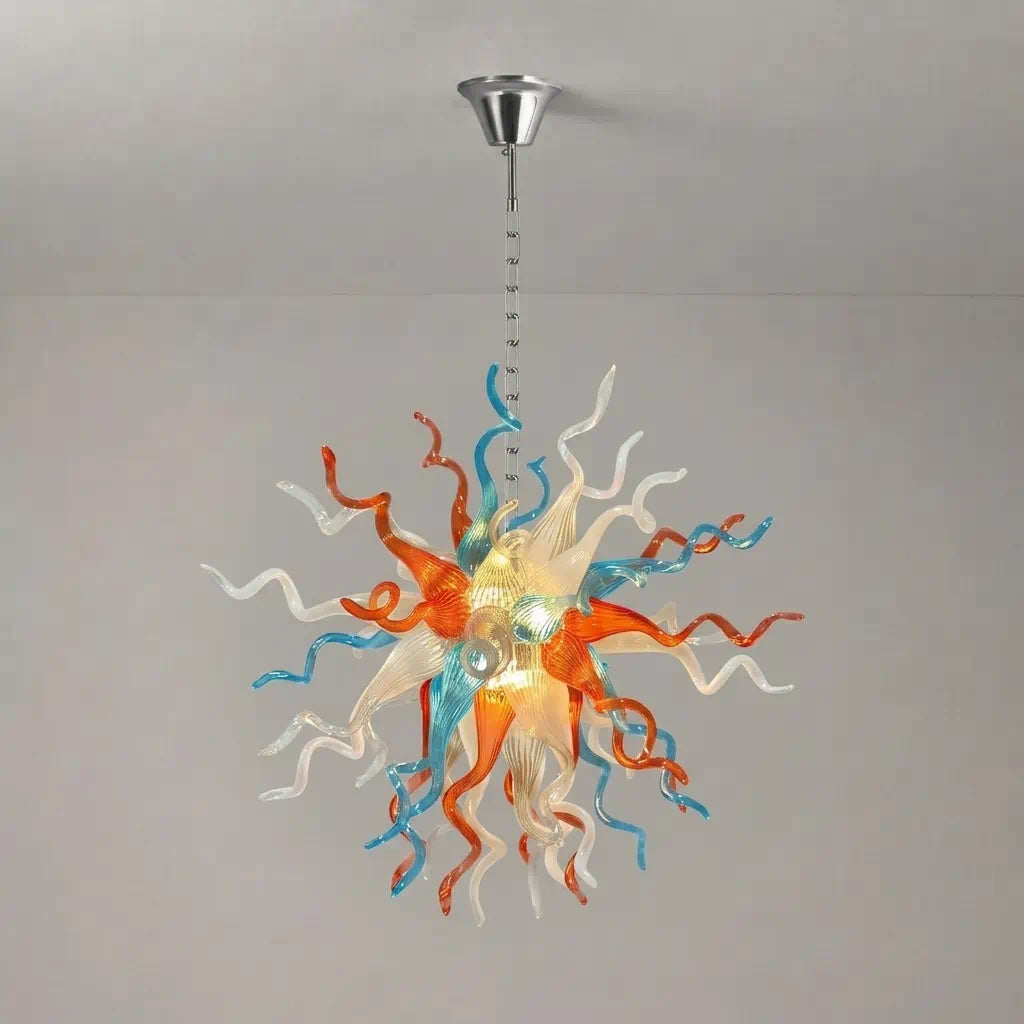 Hand-Blown Orange Blue White Glass Starburst Chandelier Multicolor Sculptural Artistic Pendant Light Fixture