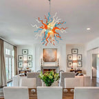 Hand-Blown Orange Blue White Glass Starburst Chandelier Multicolor Sculptural Artistic Pendant Light Fixture
