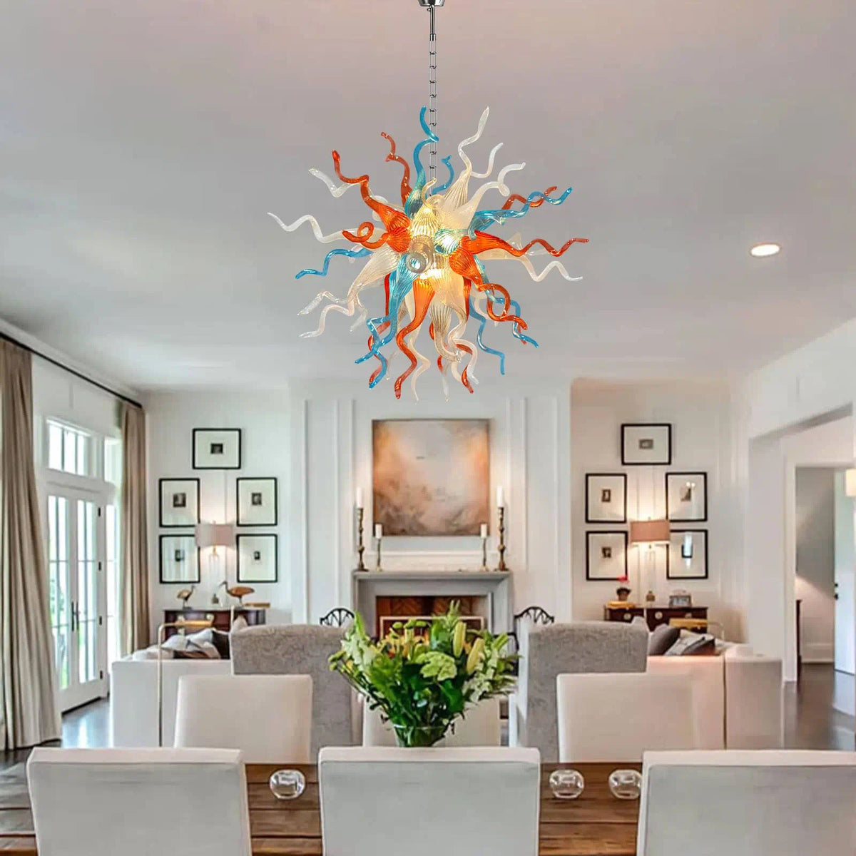 Hand-Blown Orange Blue White Glass Starburst Chandelier Multicolor Sculptural Artistic Pendant Light Fixture