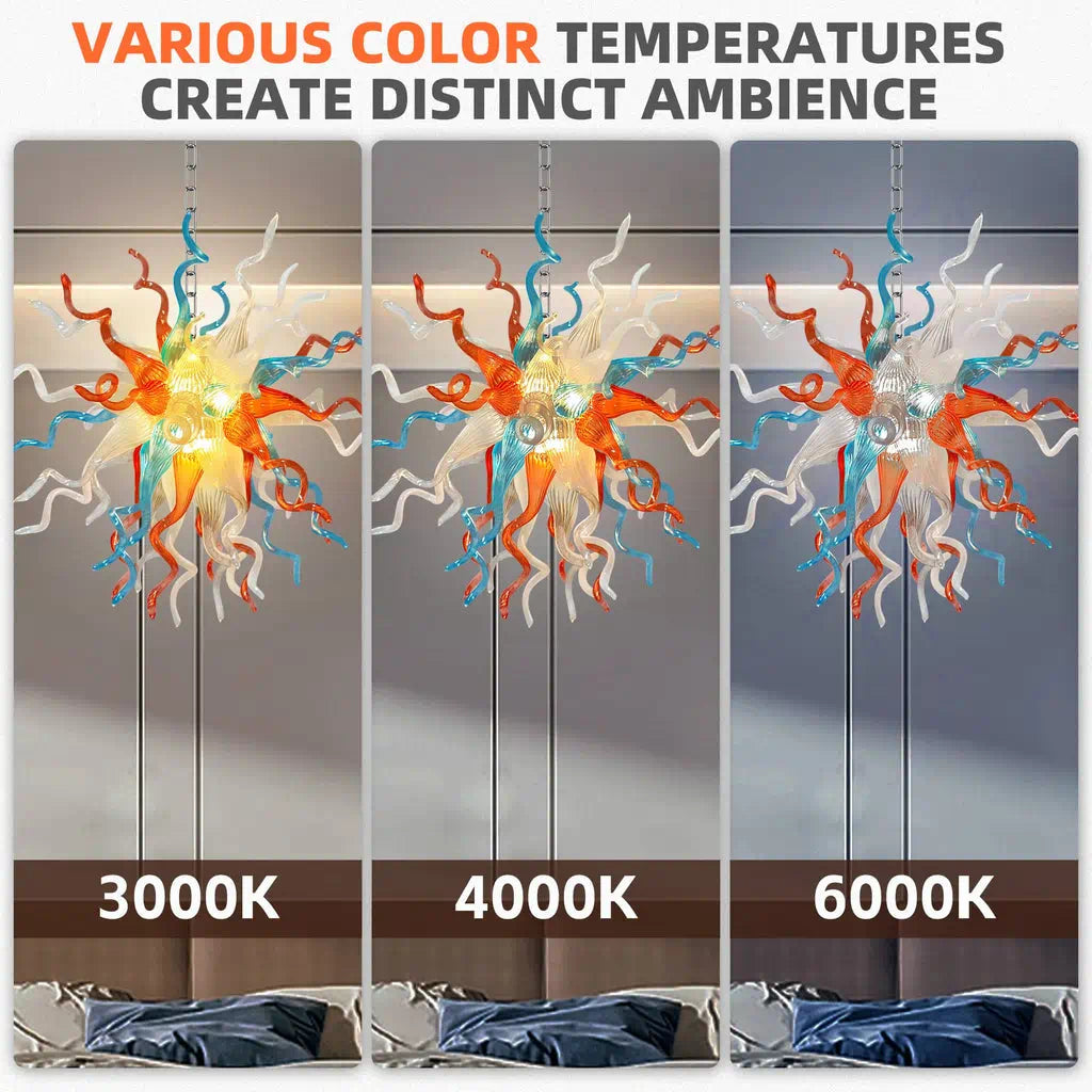 Hand-Blown Orange Blue White Glass Starburst Chandelier Multicolor Sculptural Artistic Pendant Light Fixture