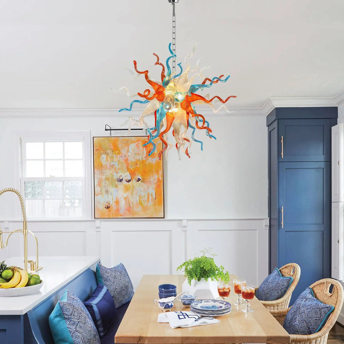 Hand-Blown Orange Blue White Glass Starburst Chandelier Multicolor Sculptural Artistic Pendant Light Fixture