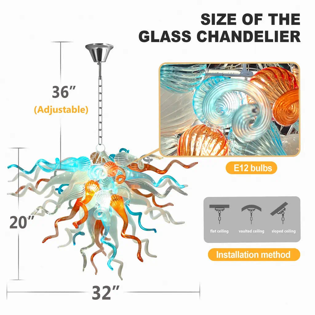 Hand-Blown Orange Blue White Glass Art Chandelier Chihuly-Style Sculptural Glass Pendant Light Fixture