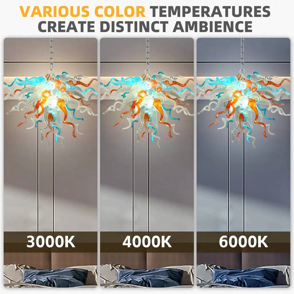 Hand-Blown Orange Blue White Glass Art Chandelier Chihuly-Style Sculptural Glass Pendant Light Fixture