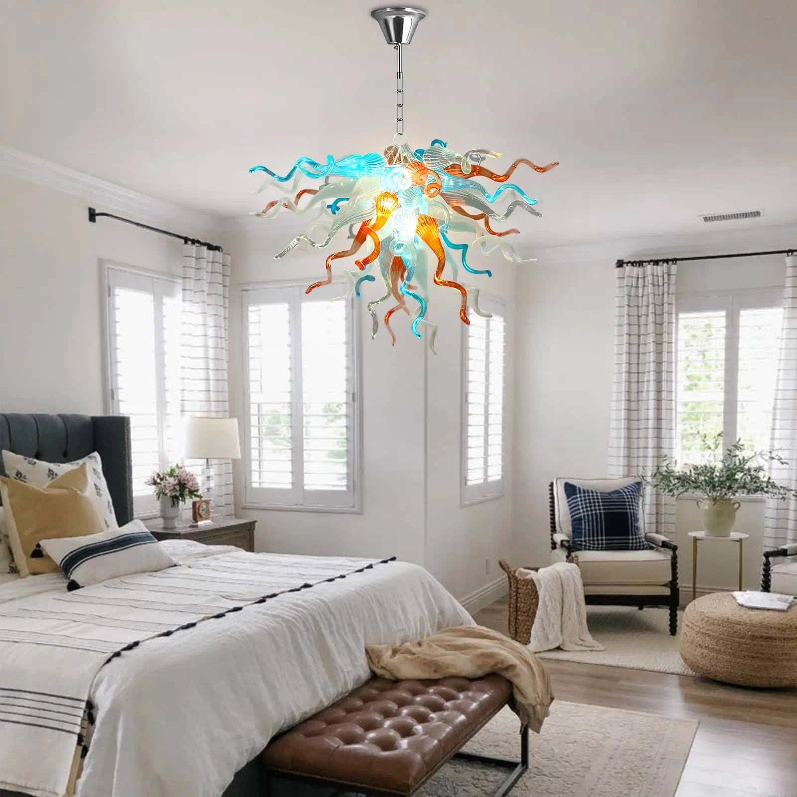 Hand-Blown Orange Blue White Glass Art Chandelier Chihuly-Style Sculptural Glass Pendant Light Fixture