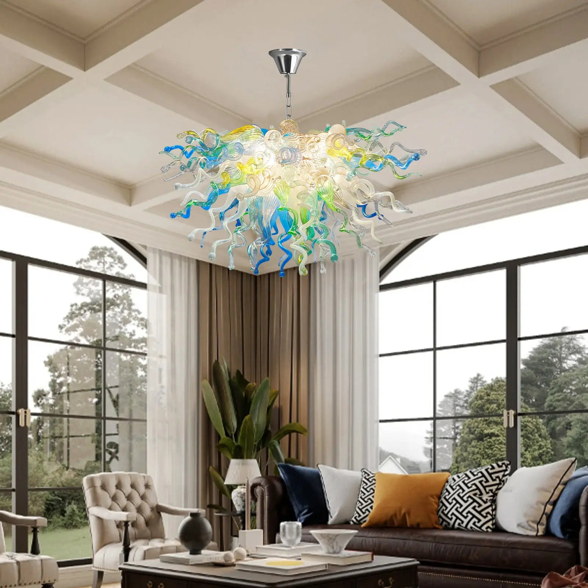 Colorful Fan-Shaped Hand Blown Glass Chandelier Modern Chihuly-Style Art Pendant Light