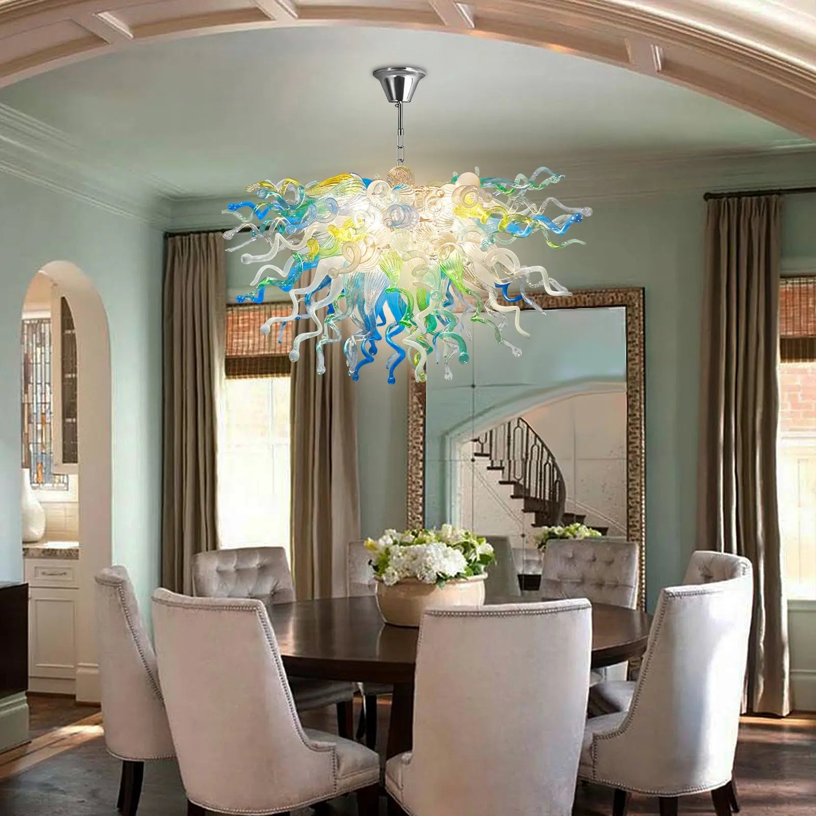 Colorful Fan-Shaped Hand Blown Glass Chandelier Modern Chihuly-Style Art Pendant Light