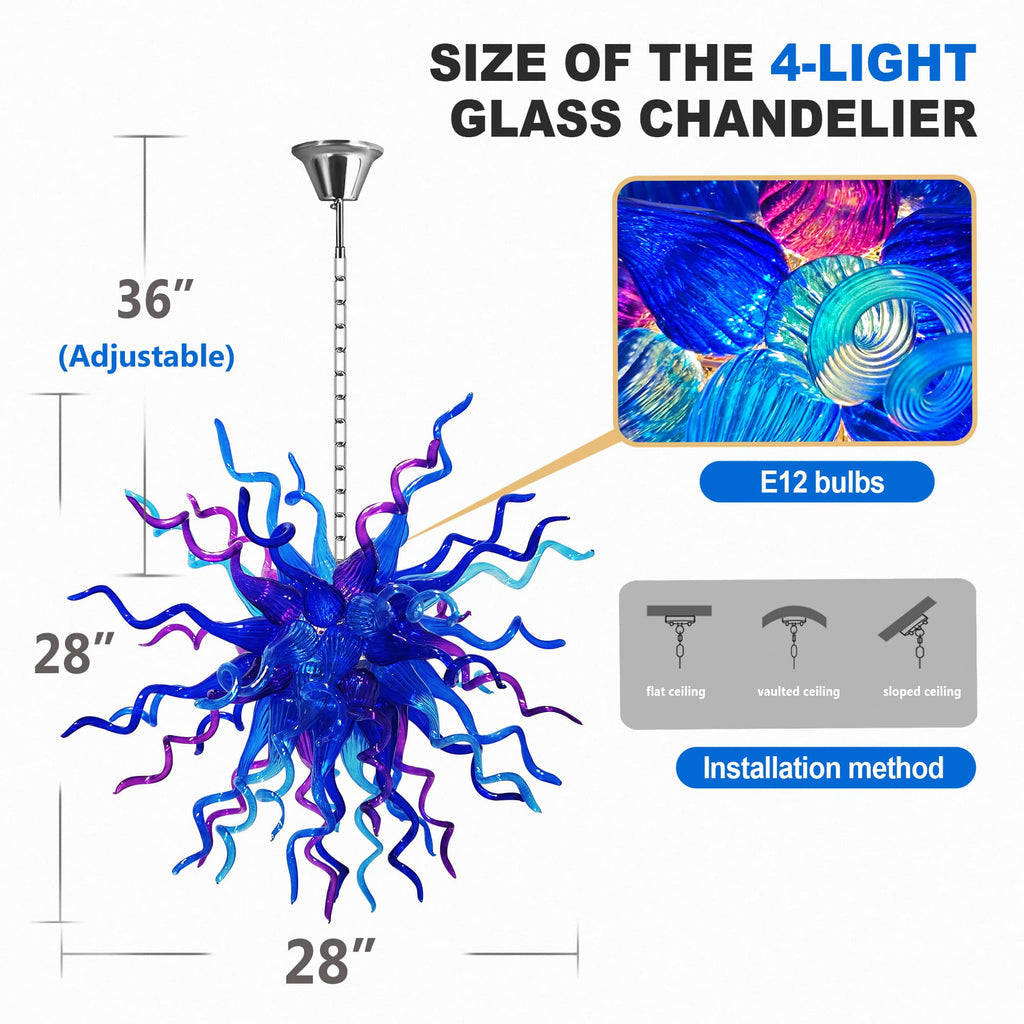 Blue & Purple Starburst Hand-Blown Glass Chandelier Sculptural Multicolor Pendant Light