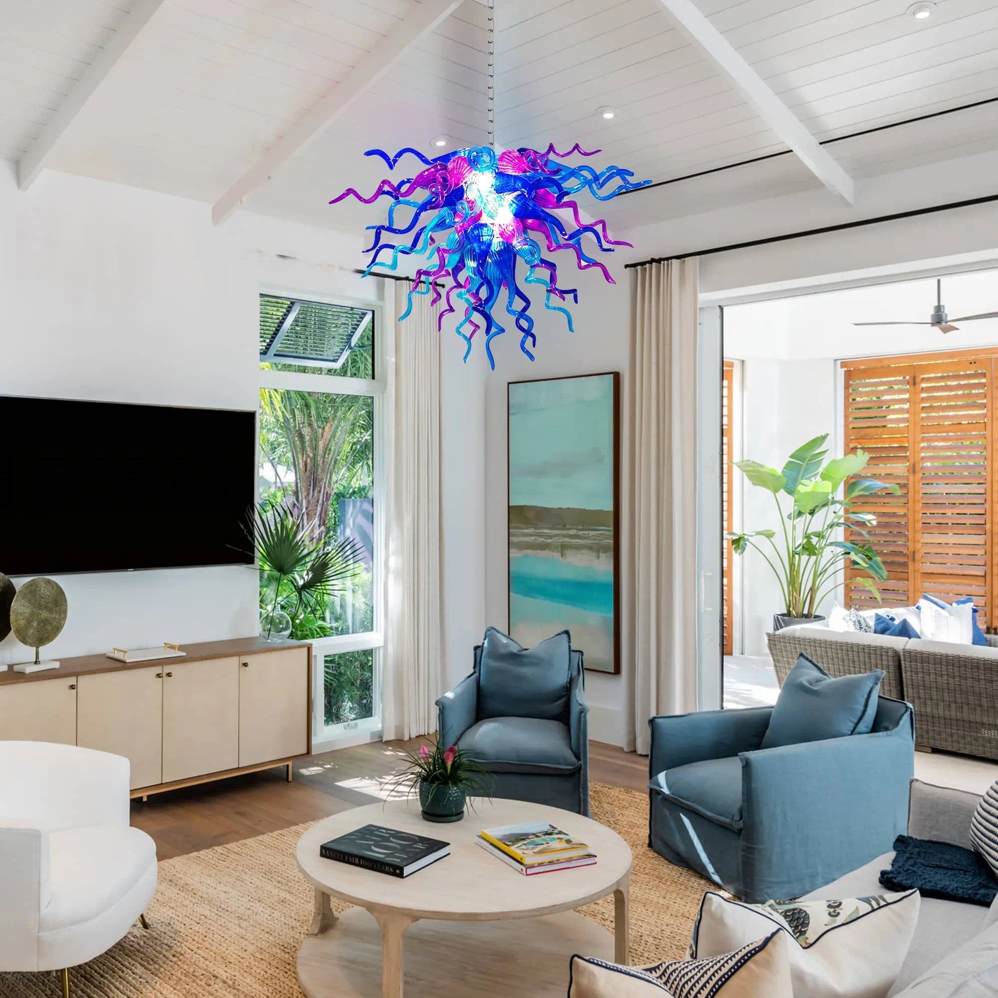 Chihuly-Style Hand-Blown Sculptural Glass Chandelier Blue & Purple Curled Glass Pendant Light