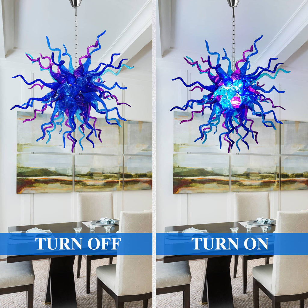 Blue & Purple Starburst Hand-Blown Glass Chandelier Sculptural Multicolor Pendant Light