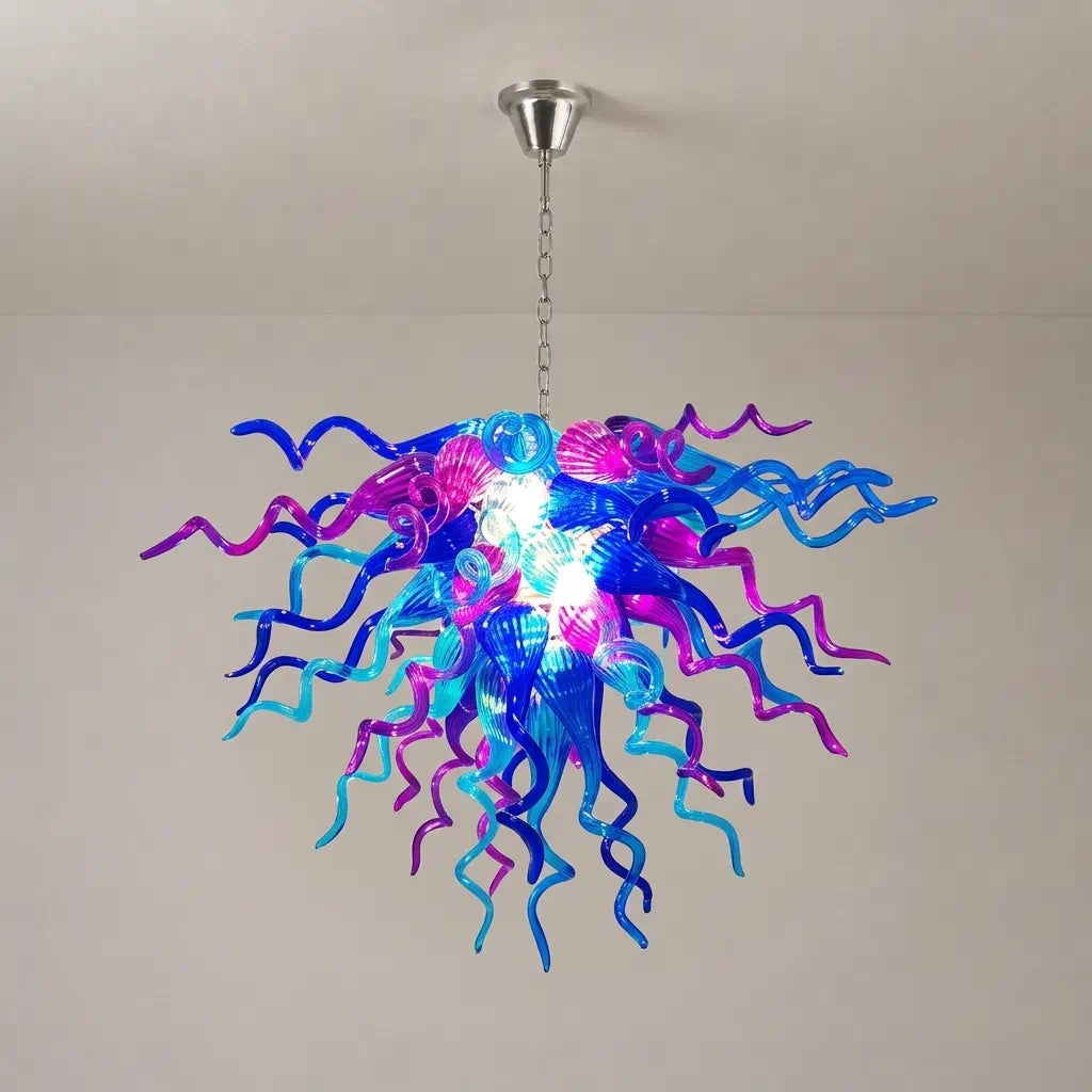 Chihuly-Style Hand-Blown Sculptural Glass Chandelier Blue & Purple Curled Glass Pendant Light