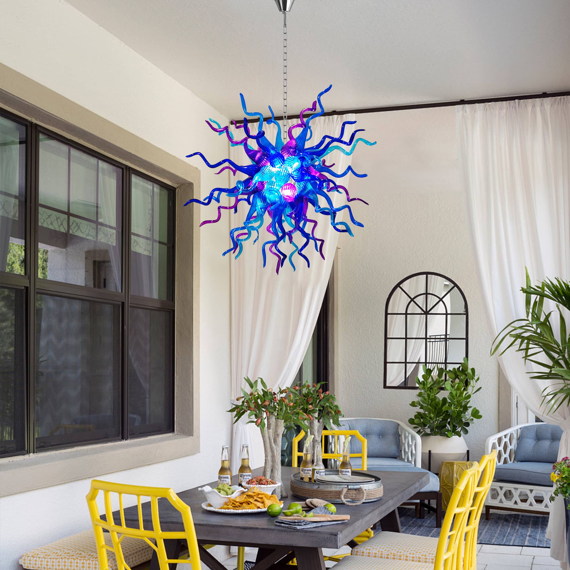 Blue & Purple Starburst Hand-Blown Glass Chandelier Sculptural Multicolor Pendant Light