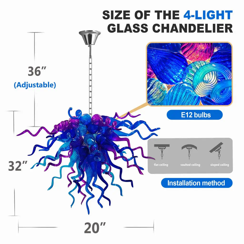 Chihuly-Style Hand-Blown Sculptural Glass Chandelier Blue & Purple Curled Glass Pendant Light