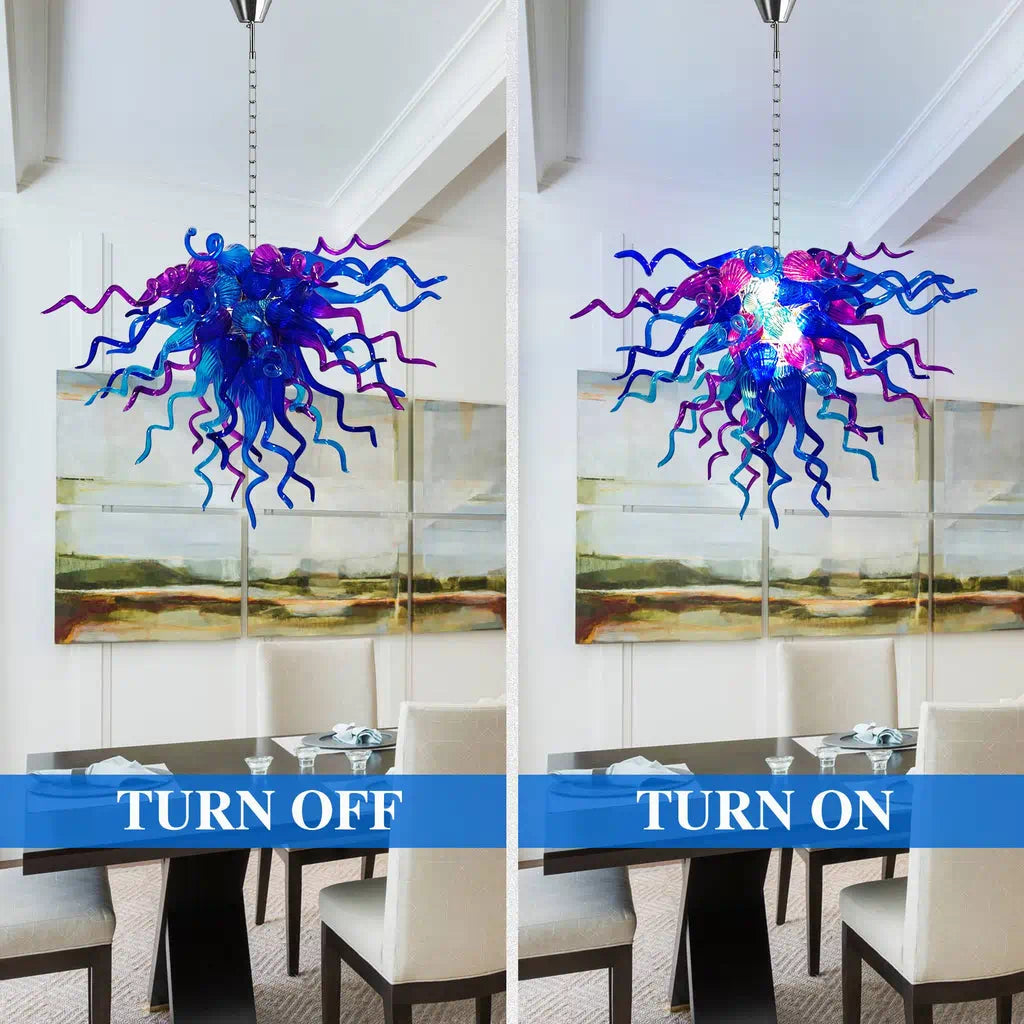 Chihuly-Style Hand-Blown Sculptural Glass Chandelier Blue & Purple Curled Glass Pendant Light