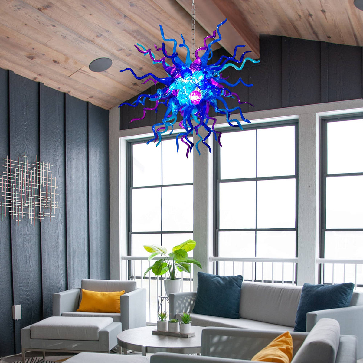 Blue & Purple Starburst Hand-Blown Glass Chandelier Sculptural Multicolor Pendant Light