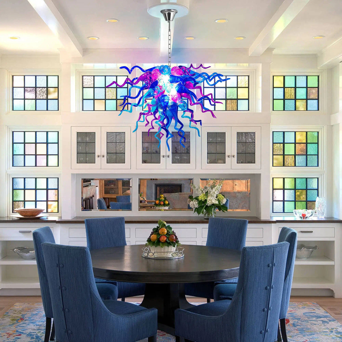 Chihuly-Style Hand-Blown Sculptural Glass Chandelier Blue & Purple Curled Glass Pendant Light