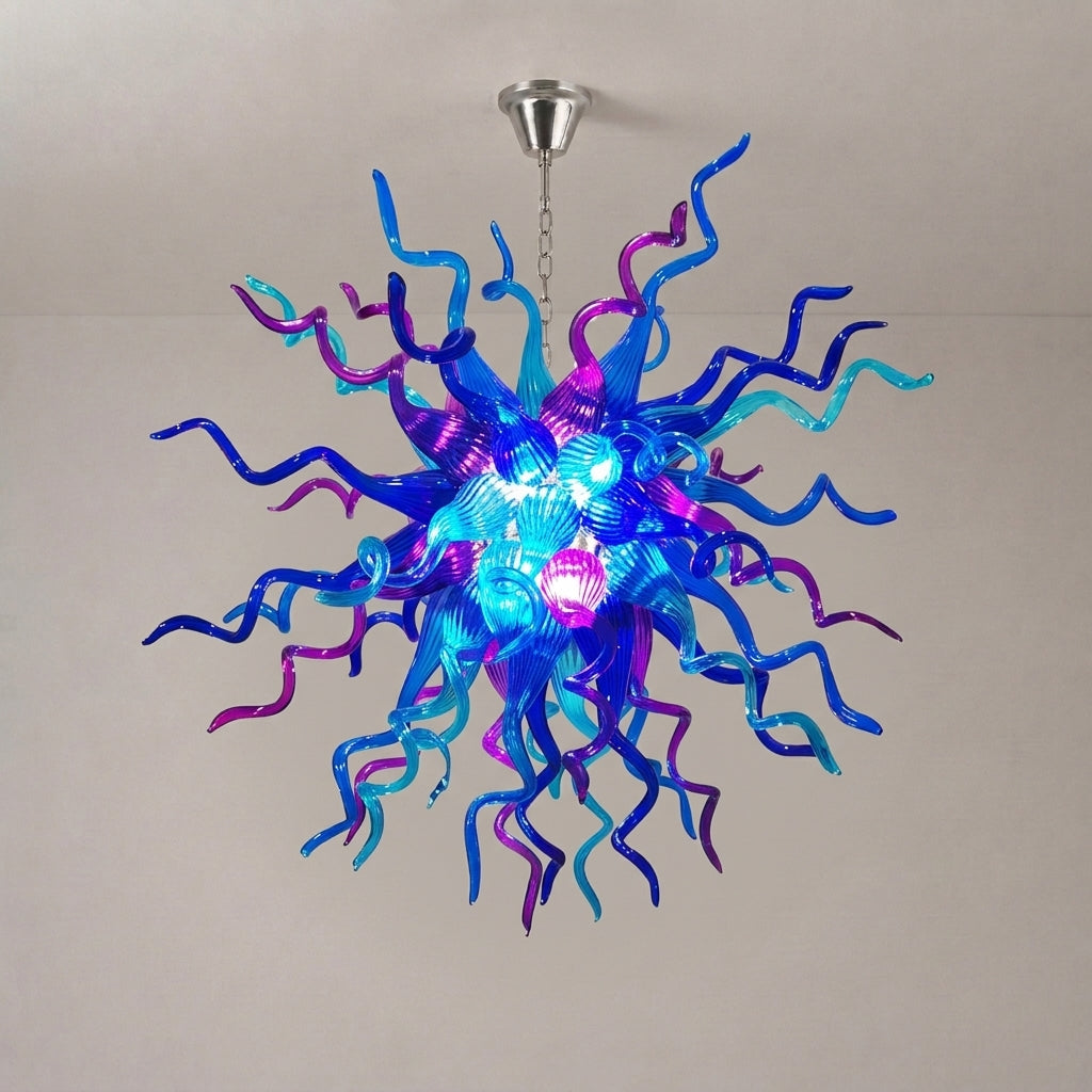 Blue & Purple Starburst Hand-Blown Glass Chandelier Sculptural Multicolor Pendant Light