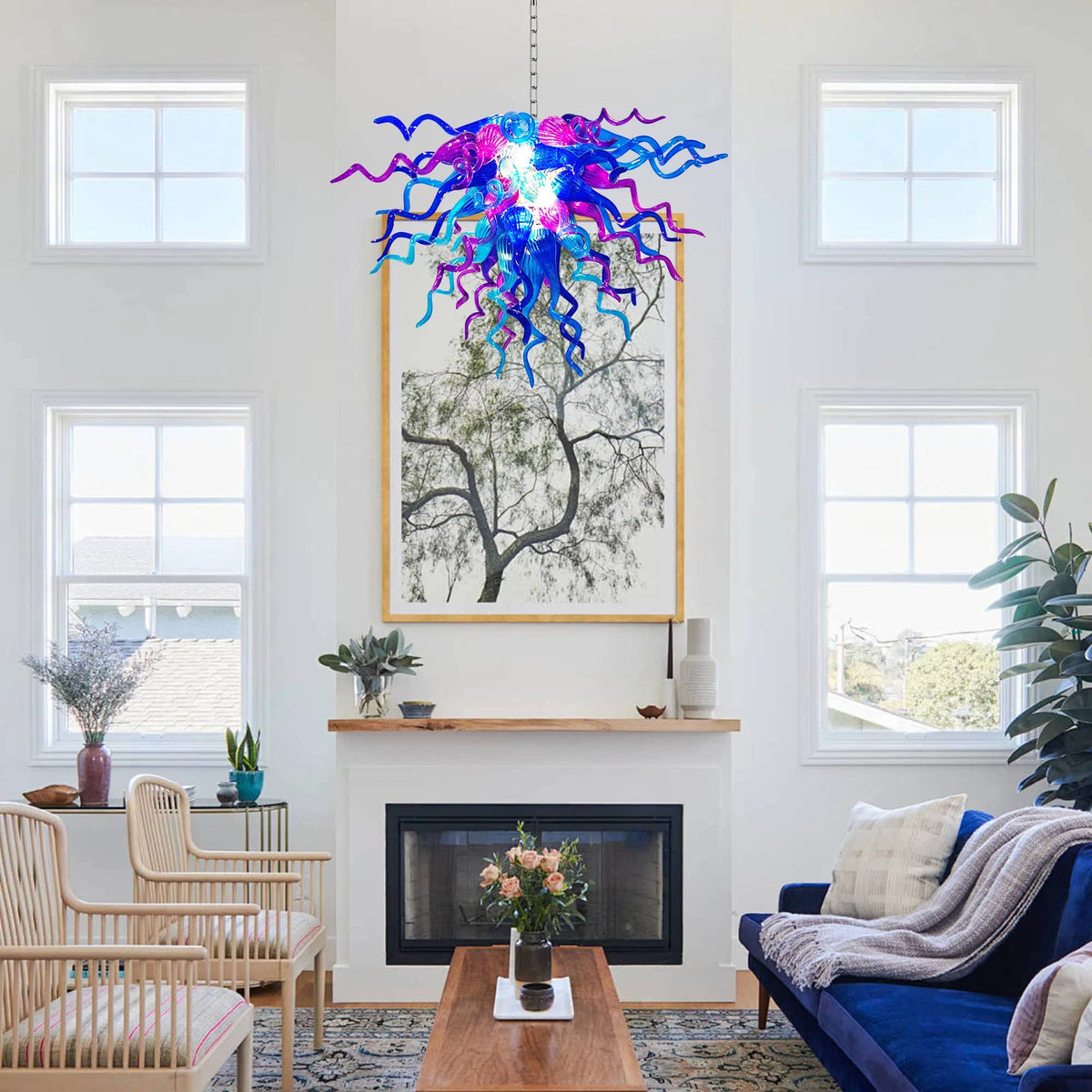Chihuly-Style Hand-Blown Sculptural Glass Chandelier Blue & Purple Curled Glass Pendant Light