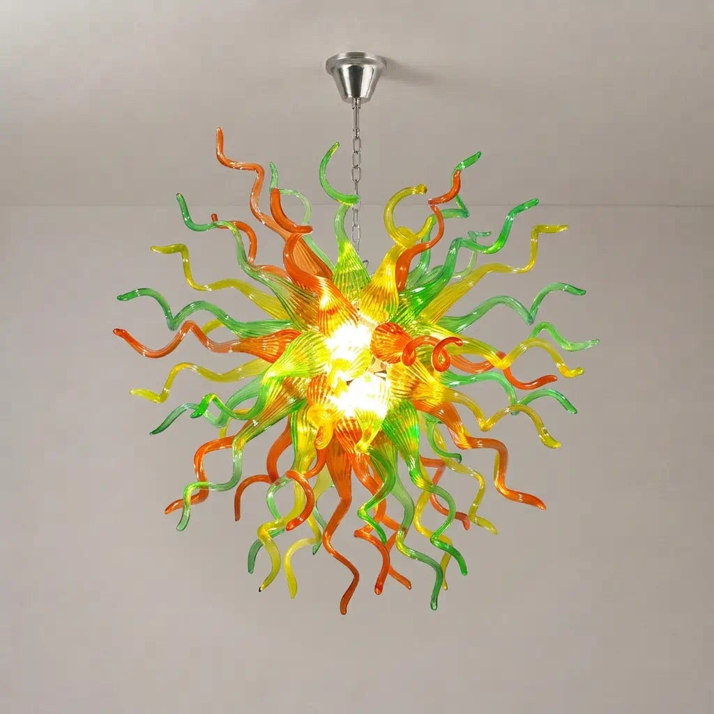 Hand-Blown Glass Starburst Chandelier in Orange Green & Yellow Artistic Sculptural Pendant Light Fixture