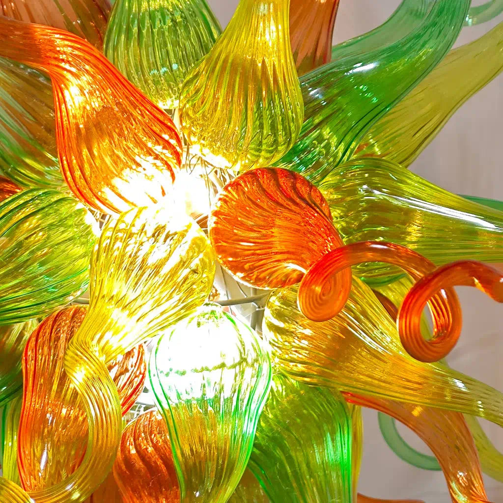Hand-Blown Glass Starburst Chandelier in Orange Green & Yellow Artistic Sculptural Pendant Light Fixture