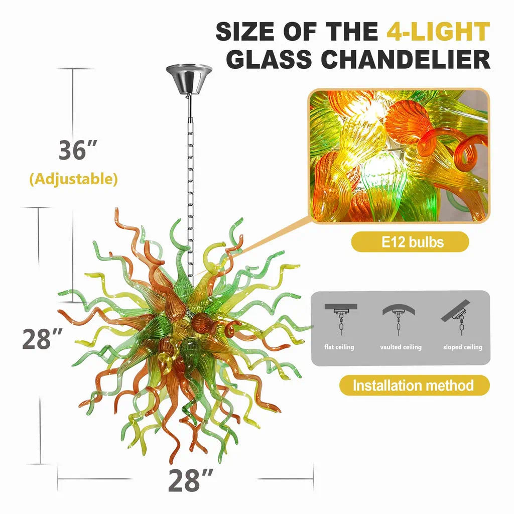 Hand-Blown Glass Starburst Chandelier in Orange Green & Yellow Artistic Sculptural Pendant Light Fixture