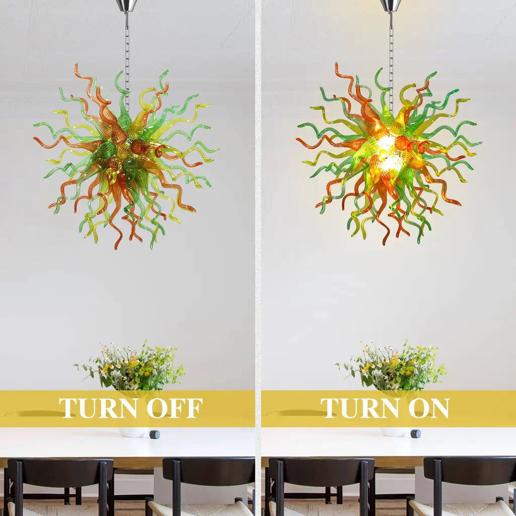 Hand-Blown Glass Starburst Chandelier in Orange Green & Yellow Artistic Sculptural Pendant Light Fixture