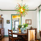 Hand-Blown Glass Starburst Chandelier in Orange Green & Yellow Artistic Sculptural Pendant Light Fixture