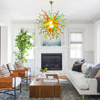 Hand-Blown Glass Starburst Chandelier in Orange Green & Yellow Artistic Sculptural Pendant Light Fixture
