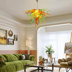 Orange Green Yellow Hand-Blown Glass Chandelier Chihuly-Style Multicolor Sculptural Cluster Pendant Light