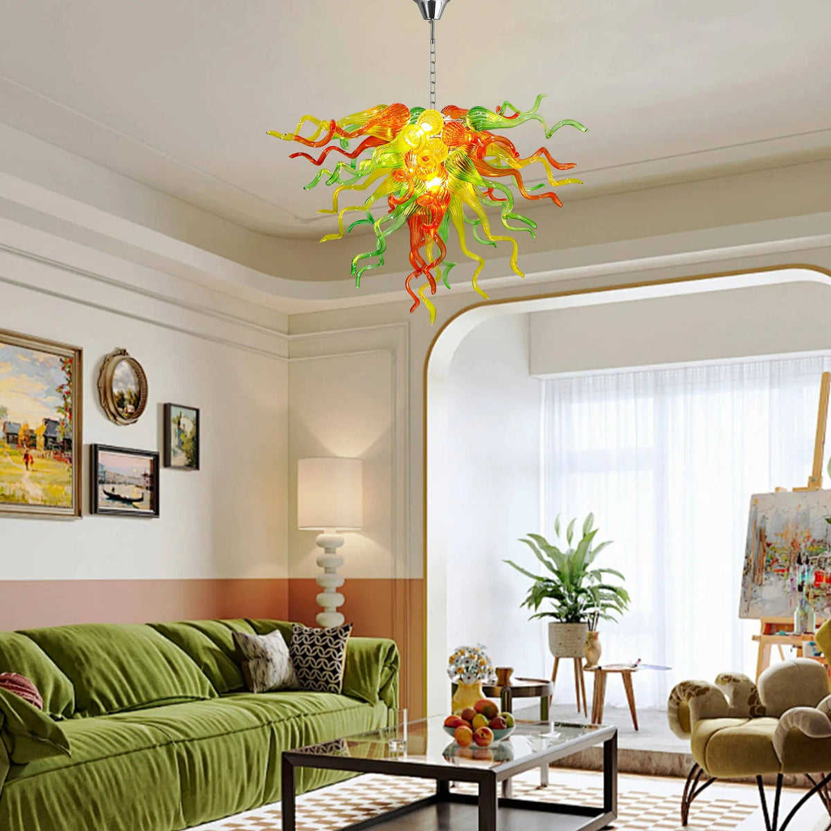 Orange Green Yellow Hand-Blown Glass Chandelier Chihuly-Style Multicolor Sculptural Cluster Pendant Light