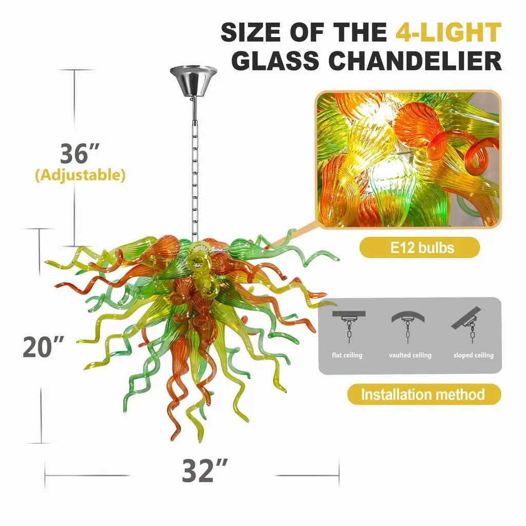 Orange Green Yellow Hand-Blown Glass Chandelier Chihuly-Style Multicolor Sculptural Cluster Pendant Light