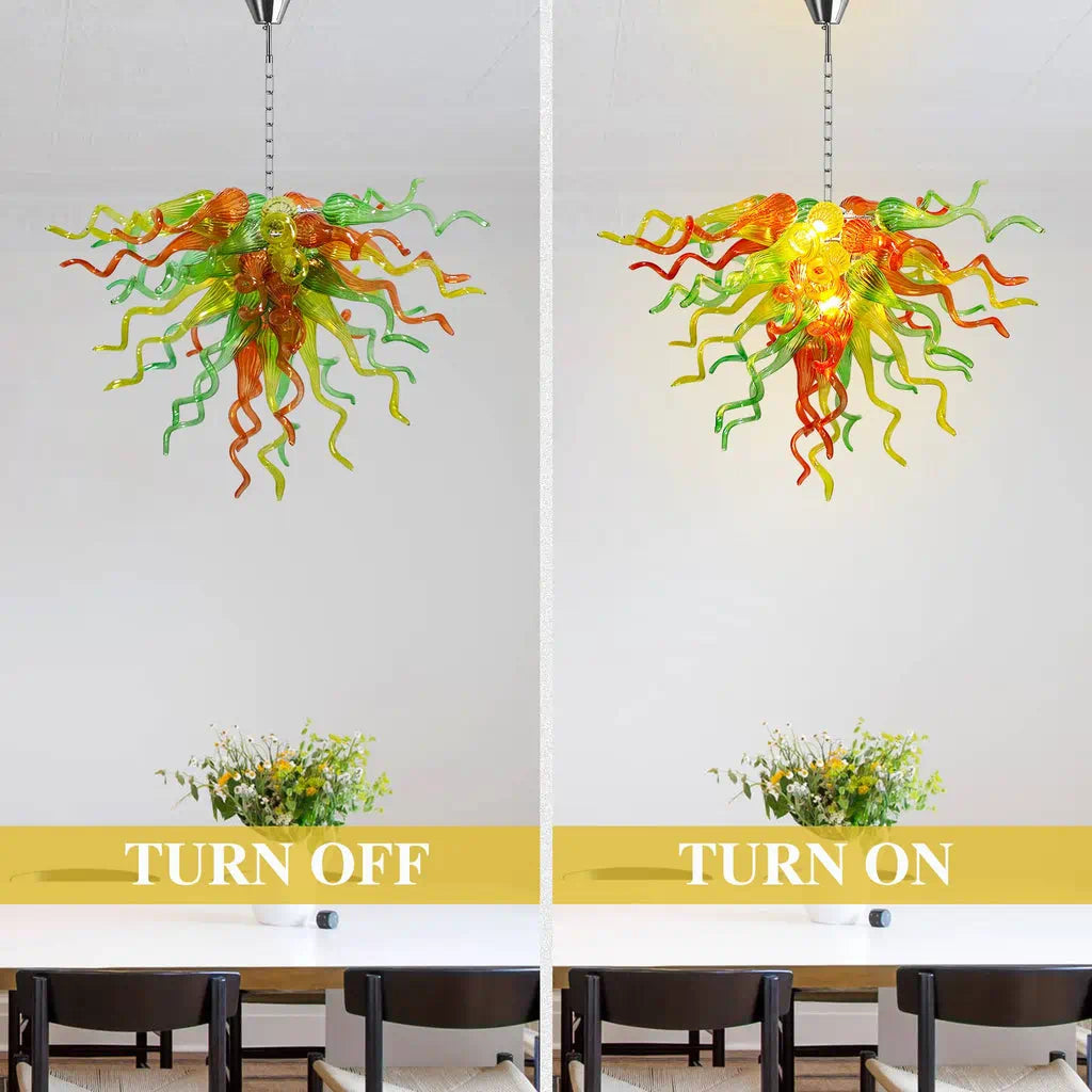 Orange Green Yellow Hand-Blown Glass Chandelier Chihuly-Style Multicolor Sculptural Cluster Pendant Light