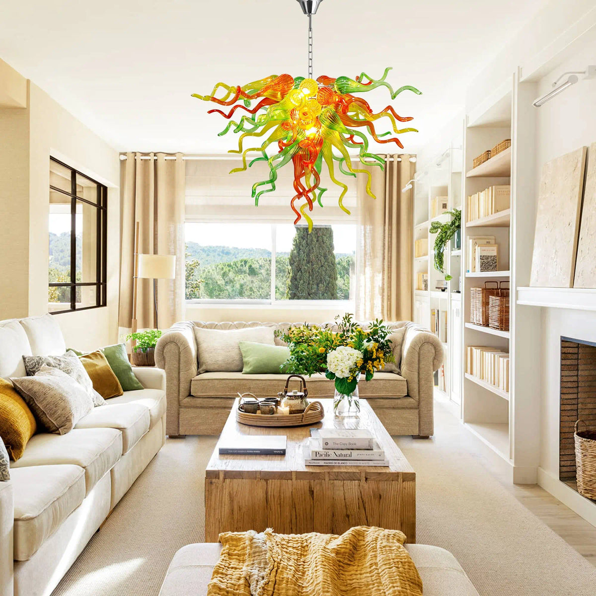 Orange Green Yellow Hand-Blown Glass Chandelier Chihuly-Style Multicolor Sculptural Cluster Pendant Light