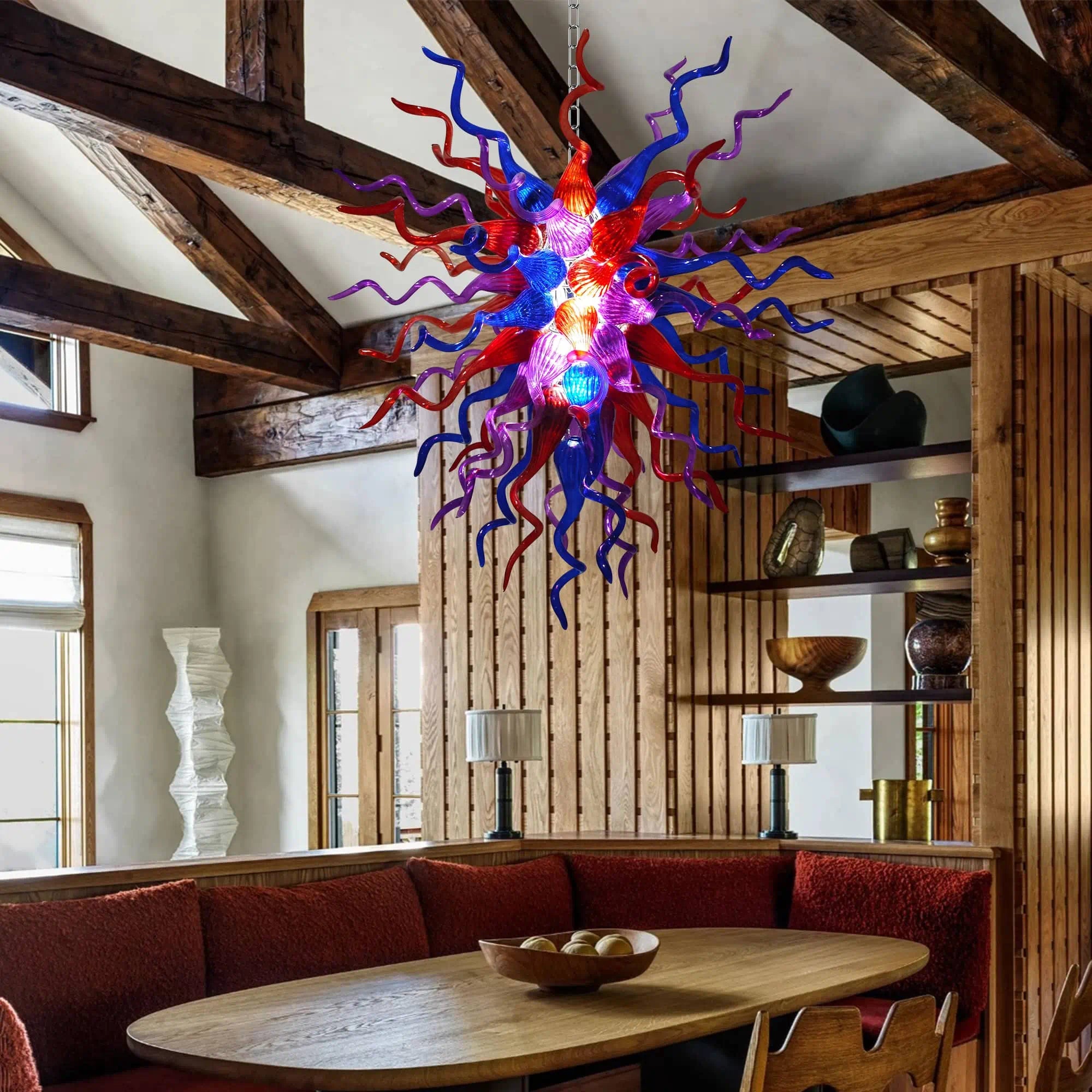 Hand-Blown Glass Chandelier in Purple Red & Blue Chihuly-Style Multicolor Sculptural Art Pendant Light