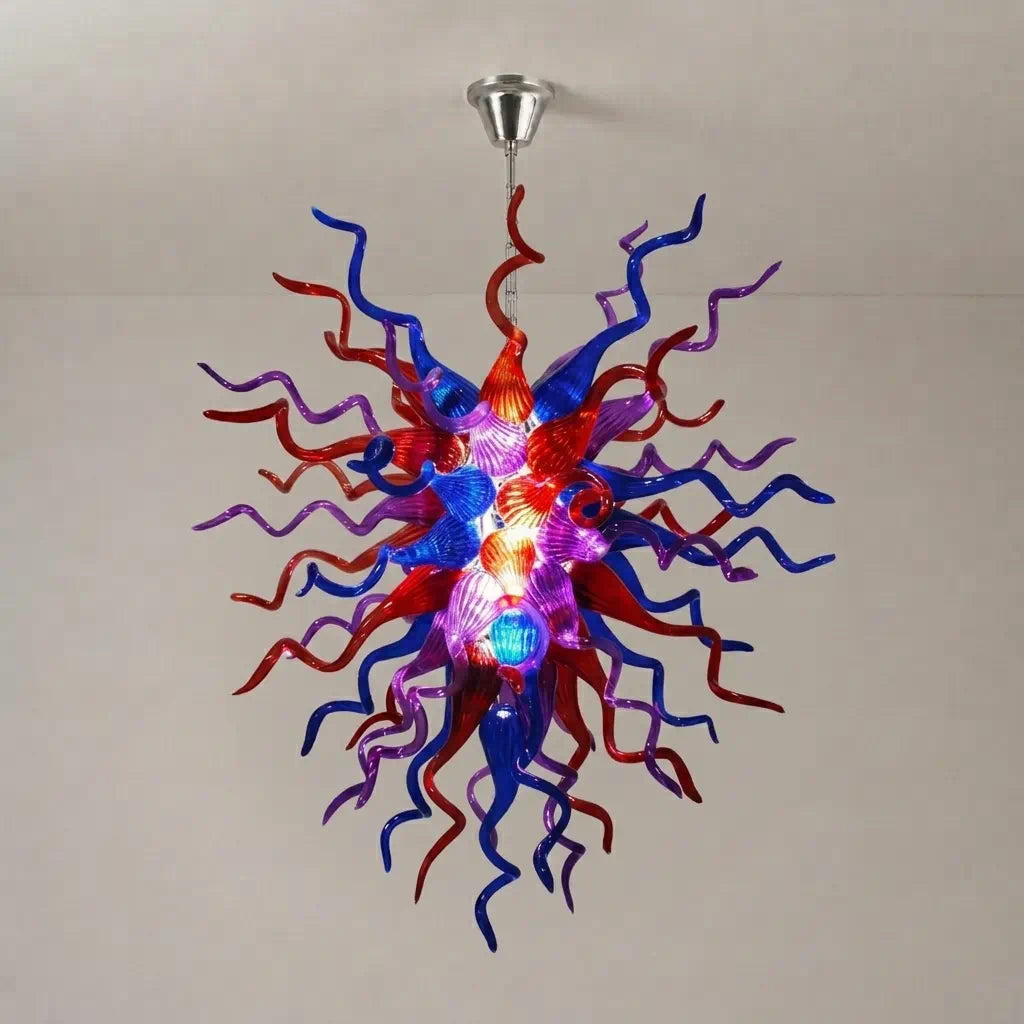 Hand-Blown Glass Chandelier in Purple Red & Blue Chihuly-Style Multicolor Sculptural Art Pendant Light