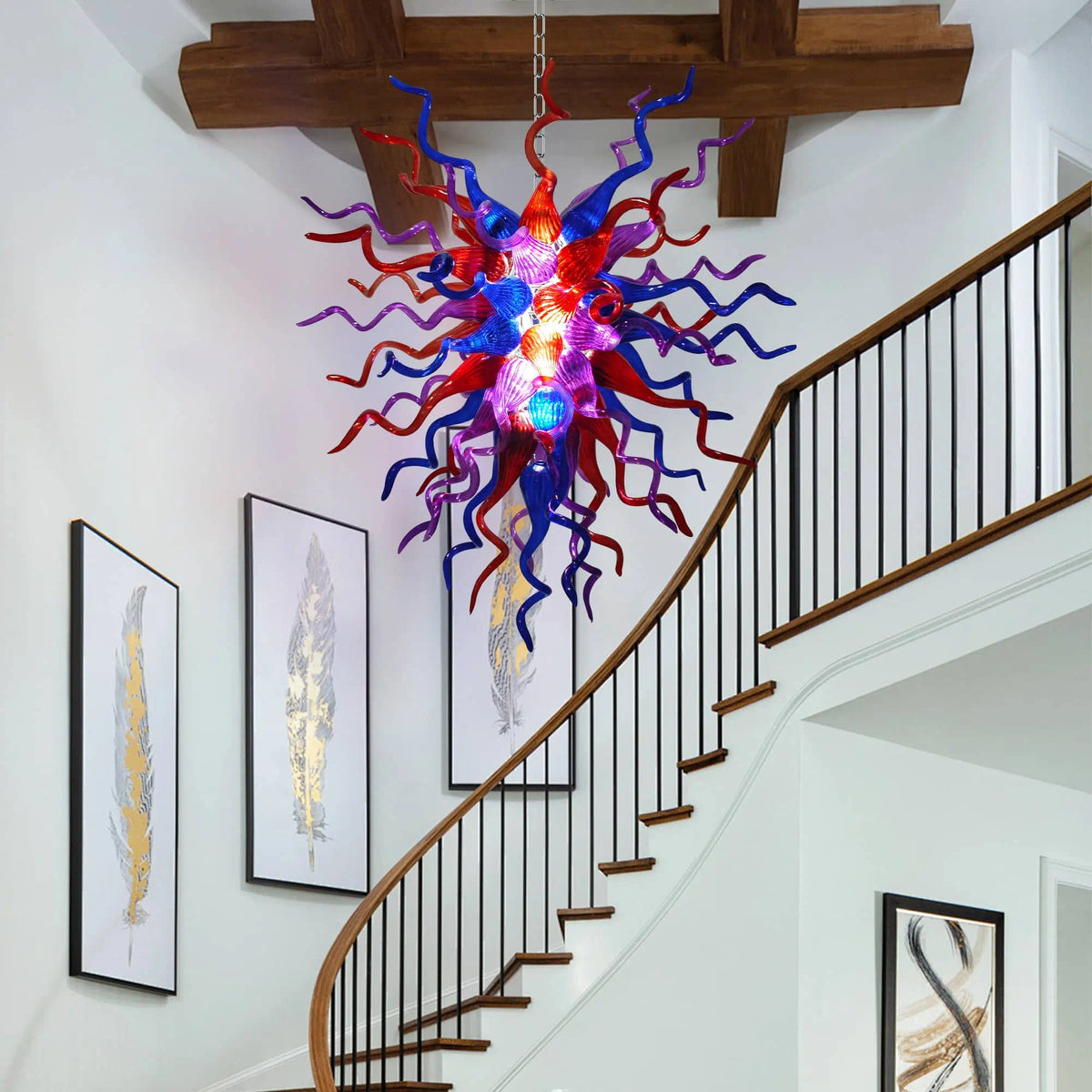 Hand-Blown Glass Chandelier in Purple Red & Blue Chihuly-Style Multicolor Sculptural Art Pendant Light
