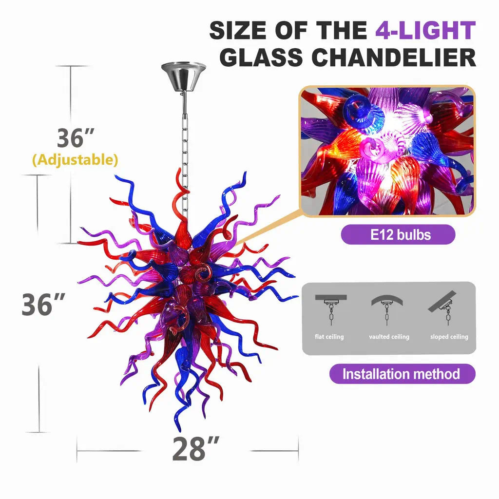 Hand-Blown Glass Chandelier in Purple Red & Blue Chihuly-Style Multicolor Sculptural Art Pendant Light