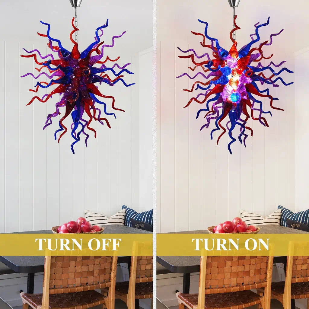 Hand-Blown Glass Chandelier in Purple Red & Blue Chihuly-Style Multicolor Sculptural Art Pendant Light