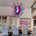 Hand-Blown Glass Chandelier in Purple Red & Blue Chihuly-Style Multicolor Sculptural Art Pendant Light
