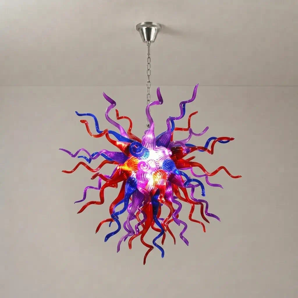 Enchanted Hand-Blown Glass Starburst Chandelier Purple Red & Blue Sculptural Art Pendant Light