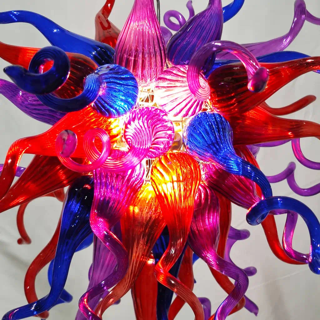 Enchanted Hand-Blown Glass Starburst Chandelier Purple Red & Blue Sculptural Art Pendant Light