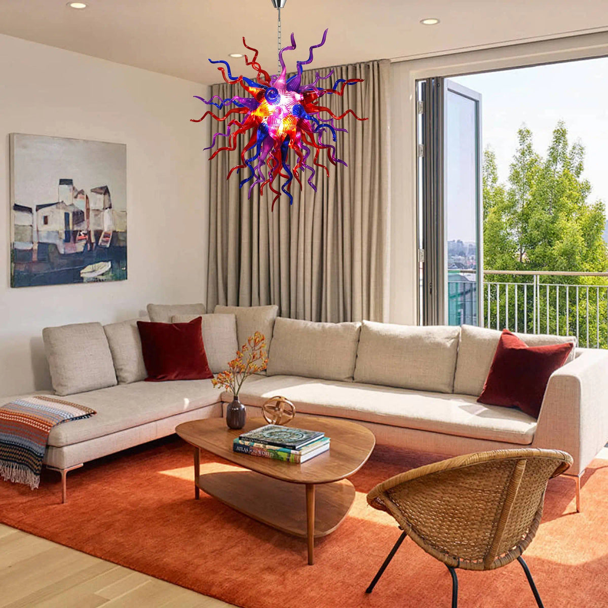 Enchanted Hand-Blown Glass Starburst Chandelier Purple Red & Blue Sculptural Art Pendant Light