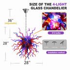 Enchanted Hand-Blown Glass Starburst Chandelier Purple Red & Blue Sculptural Art Pendant Light