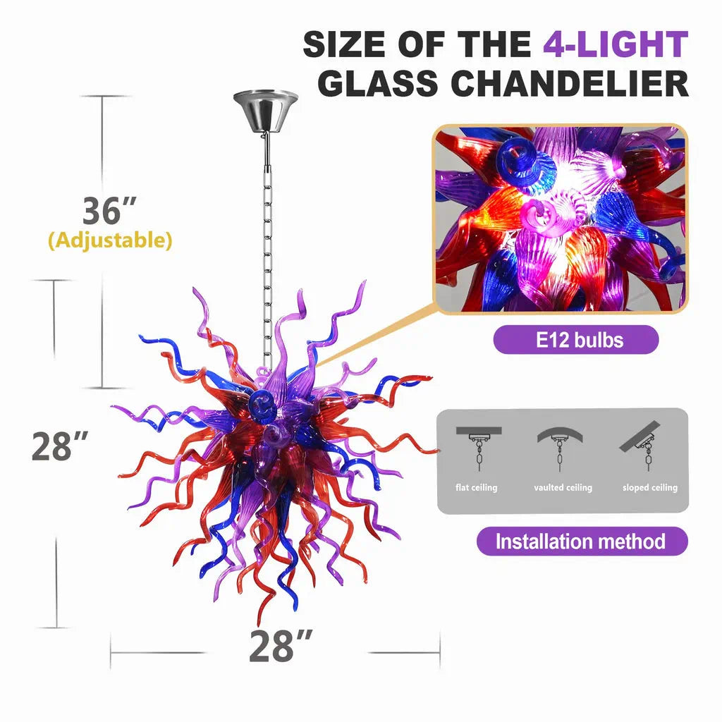 Enchanted Hand-Blown Glass Starburst Chandelier Purple Red & Blue Sculptural Art Pendant Light