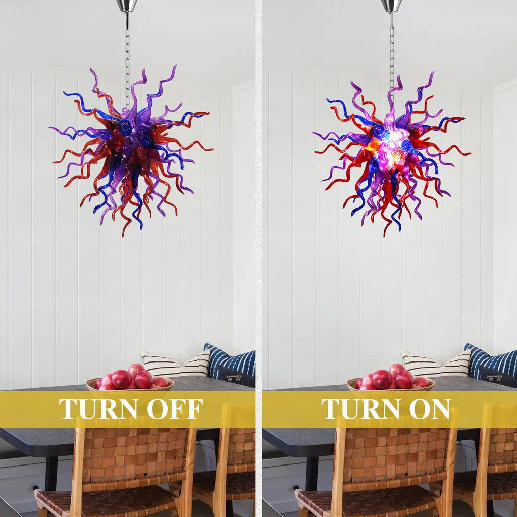 Enchanted Hand-Blown Glass Starburst Chandelier Purple Red & Blue Sculptural Art Pendant Light