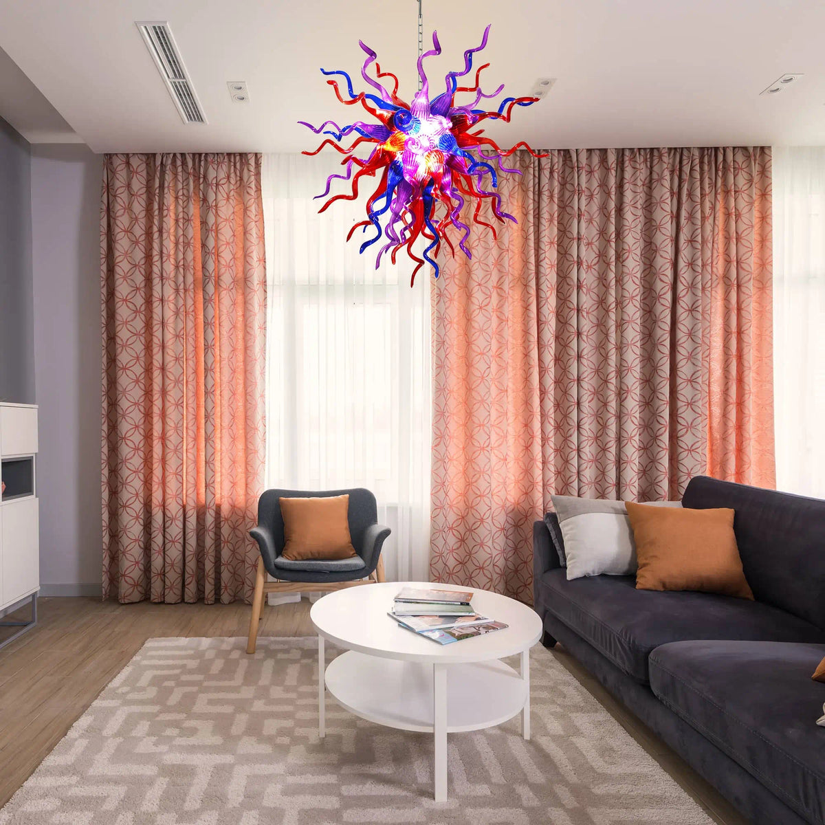 Enchanted Hand-Blown Glass Starburst Chandelier Purple Red & Blue Sculptural Art Pendant Light