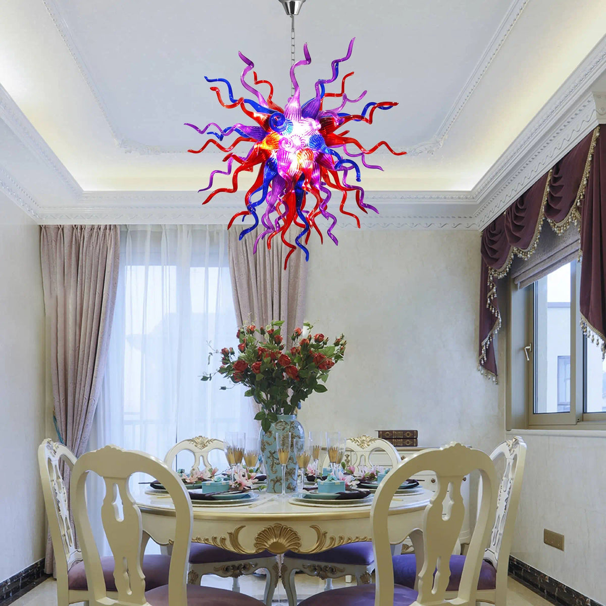 Enchanted Hand-Blown Glass Starburst Chandelier Purple Red & Blue Sculptural Art Pendant Light
